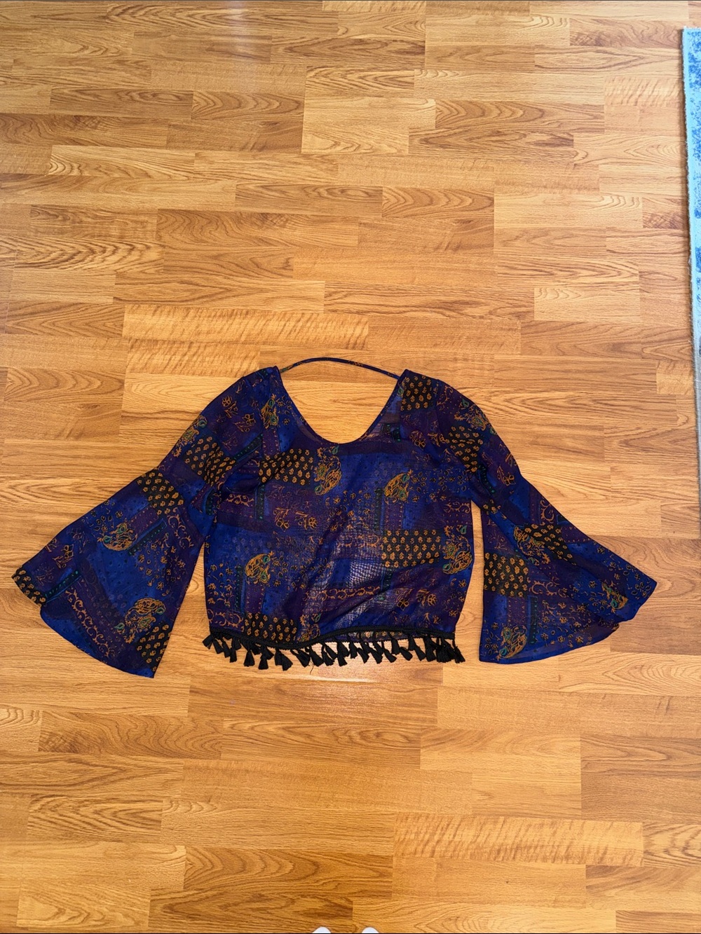Romeo + Juliet Couture Boho Tassel-Hem Bell Sleeve Top - Blue